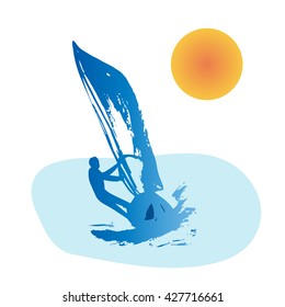 Blue silhouette of windsurfing man