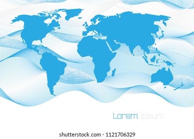 Blue silhouette of a world map on abstract blue-white waves of dots on a white background