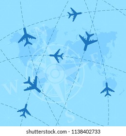 Blue silhouette of world map and windrose with some airplanes
