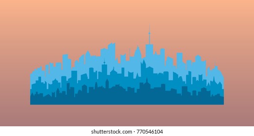 Blue silhouettes of buildings. Vector illustration of modern city residential area. Decorative horizontal contour town landscape
