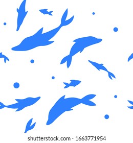 blue silhouettes of dolphins on a white background, vector pattern for children, stencil