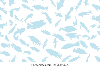 Blue silhouettes fish seamless pattern. Vector vintage brush stroke style hand drawn fish background. Vector fashion illustration. Hand drawn seafood seamless pattern. Vintage engraving art.