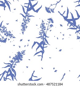 Blue silhouettes of herbs and flowers on a white background. Summer, fall. Seamless pattern.