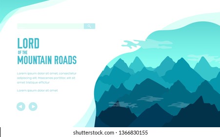 Blue silhouettes of high mountains peaks with clouds. Amazing nature landscape banner. Vector design, template for tourist, hiking, trekking, climbing projects. Place for text, copy space.