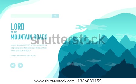 Blue silhouettes of high mountains peaks with clouds. Amazing nature landscape banner. Vector design, template for tourist, hiking, trekking, climbing projects. Place for text, copy space.