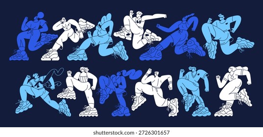 Conjunto de siluetas azules de personas que trotan. Los atletas corren en competiciones deportivas. Los corredores se están apresurando. Concurso de corredores en maratón o sprint, línea de meta cruzada. Ilustraciones vectoriales de contorno aisladas planas