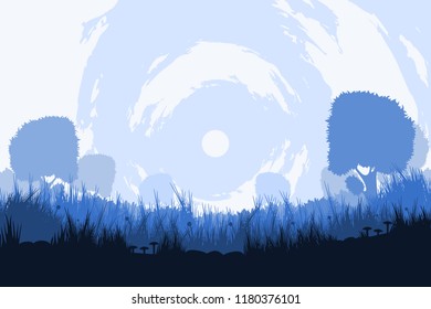 Blue silhouettes of meadow with plants, grass, bushes, trees and mushrooms on light sky background with clouds and sun