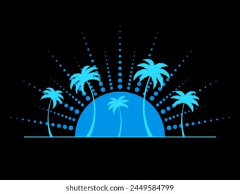 Blue silhouettes of palm trees against the background of the sun with rays of dots. Tropical silhouettes of palm trees at sunset in the style of the 90s. Vector illustration