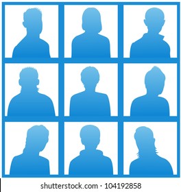 The blue silhouettes of a people for avatar on white background