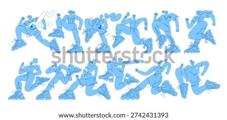 Blue silhouettes of running people set. Athletes run in sports competitions. Shadows of jogging runners, crossing finish line joggers in marathon. Flat isolated contour vector illustrations on white