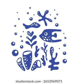 Blue silhouettes of sea inhabitants and algae with bubbles under water in simple style. Underwater world. Monochrome picture stamp with sea fish and jellyfish. Vector for stickers, textiles, postcards