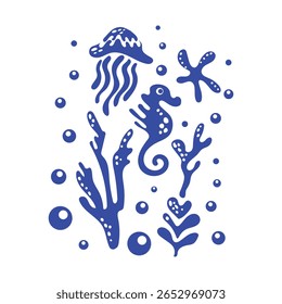 Blue silhouettes of sea inhabitants and algae with bubbles under water in simple style. Underwater world. Monochrome picture stamp with sea fish and jellyfish. Vector for stickers, textiles, postcards