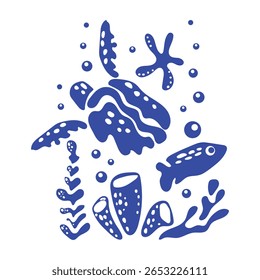Blue silhouettes of sea inhabitants and algae with bubbles under water in simple style. Underwater world. Monochrome picture stamp with sea fish and jellyfish. Vector for stickers, textiles, postcards