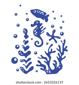 Silhuetas azuis de habitantes do mar e algas com bolhas sob a água em estilo simples. Mundo subaquático. Carimbo de imagem monocromático com peixe do mar e águas-vivas. Vetor para autocolantes, têxteis, cartões postais