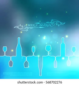 Blue silhouettes of wine attributes background in flat colors. Vector illustration for your business presentation.