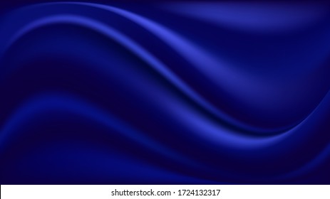 Blue silk background. Wavy satin fabric texture, deep blue color flow waves. Abstract pattern. Vector illustration