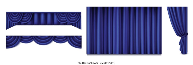 Conjunto de cortinas de seda azul aislado sobre fondo blanco. Vector ilustración realista de cortinas de satén de color azul marino para escenario de teatro o decoración interior del hogar, tela plegada abierta y cerrada, textura de lujo