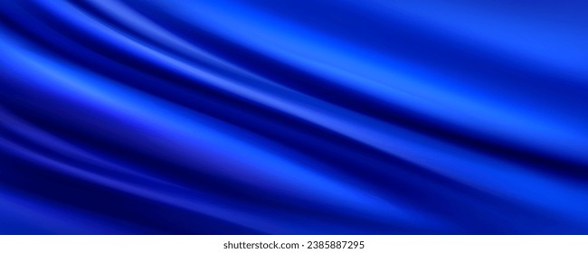 Blauer Seidenstoff-Hintergrund mit flüssigem Gewölbe und Falten-Effekt. Realistische Vektorgrafik der Satintuchtextur mit Wellenfluss. Luxuriöses, glattes und weiches Material oder Vorhangfläche.