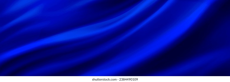 Blue silk fabric background. Vector realistic illustration of sapphire satin cloth with smooth shiny texture, luxury soft textile material with wavy surface, curtain with abstract folds, liquid paint