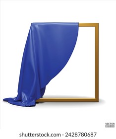 Blue Silk fabric unveiling a golden empty frame isolated on white background. Blue satin covered objects. 3d vector illustration.