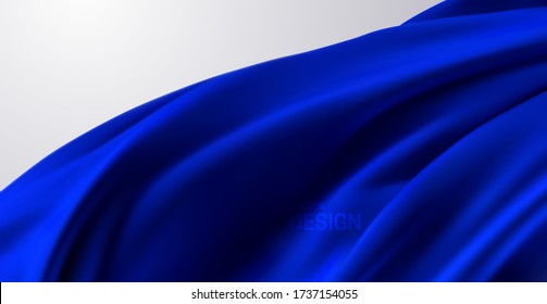 Blue silk fabric. Vector 3d illustration. Flowing blue textile. Realistic wrinkled curtain or flag. Abstract background. Decoration element for design