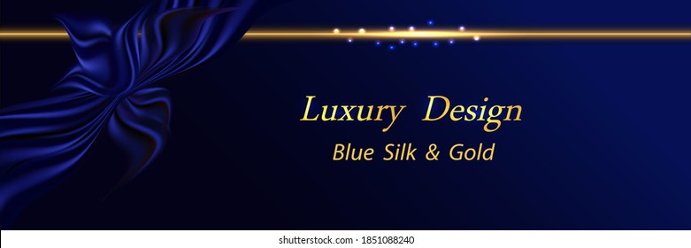 Blue silk luxury background. Deep blue ribbon with smooth silk fabric texture and golden glowing border line. Luxurious abstract backdrop for banner or poster. Vector illustration