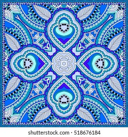 blue silk neck scarf or kerchief square pattern design in ukrainian style for print on fabric , vintage vector illustration