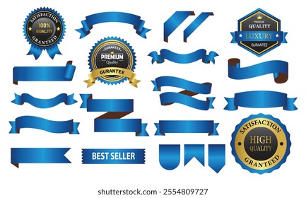 Blue Silk Ribbons, Badge, Lebel Vector and White Background .