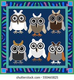 Blue silk scarf with countryside landscape. Owls in the winter forest. Vector illustration with birds and trees. 