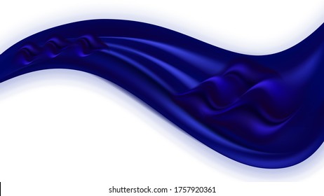 Blaue Seidenwelle einzeln auf weißem Hintergrund. Dekoratives Design-Element. Satintexturband mit kräftigen Schlingen und tiefblauem Farbfluss. Vektorgrafik