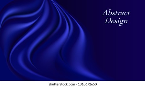 Blue silk wavy background. Deep blue swirl curtain drapery with smooth and shiny satin texture. Luxurious elegant backdrop for poster or banner. Vector illustration