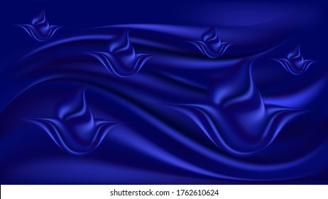 Blue silk wavy background with flowers. Deep blue satin texture, shiny color flow. Vector illustration.
