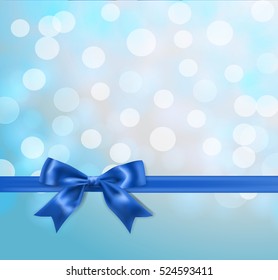  blue silky bow and ribbon border on light effects blurry background. vector illustration