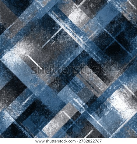 Blue and silver abstract plaid pattern with a grunge effect. Vector ink illustration, repeating pattern for fashion print design, fabric, textile, wrapping paper, background, wallpaper