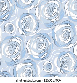 Blue and silver abstract roses seamless pattern for winter design project. Cold colors Christmas and New Year abstract floral background. Vector illustration.
