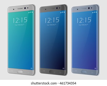 Blue silver black smartphone. 3d realistic smartphone mockups. Phone with blank screen isolated. Vector illustration.