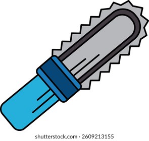 A blue and silver chainsaw with a black handle. The chainsaw is shown in a cartoon style, with a blue and silver blade and a black handle. The chainsaw is depicted as being in motion