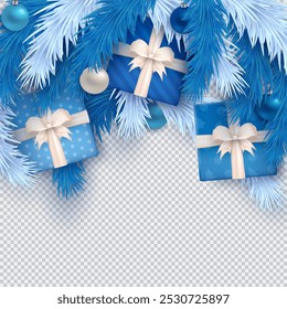 Blue and silver Christmas-themed arrangement with gift boxes tied in white ribbons, a striped candy canes, baubles, confetti and pine  branches as a frame on transparent background with blank space