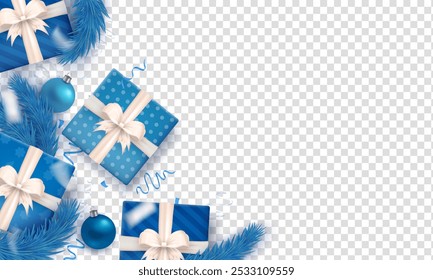 Blue and silver Christmas-themed banner with gift boxes tied with white bow, striped candy canes, baubles, confetti and pine or Xmas tree branches (flat lay) as a frame on transparent background