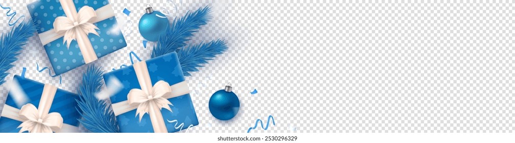 Blue and silver Christmas-themed header with gift boxes tied with bows, striped candy canes, baubles, glossy confetti and pine branches (flat lay) as frame on transparent background with blank space