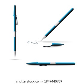 Blue and silver color pen set of three Vector and illustration ballpoint pen design mockup