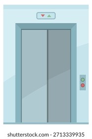 A blue and silver elevator with a red and green sign on the wall