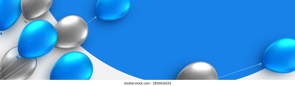 Blue and silver foil balloons with threads on blue round background with white. Space for text. Vector festive illustration.