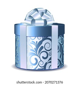 Blue and silver gift box. Vector illustration isolated on white background