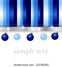 blue and silver glossy background with stripes in winter colors - paper bulb and snowflake tags - copy space merry christmas
