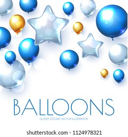 Blue, Silver And Gold Realistic Glossy Balloons Background With Bokeh Effect.