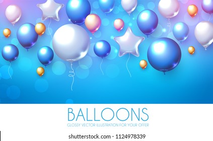 Blue, Silver And Gold Realistic Glossy Balloons Background With Bokeh Effect.Vector Illustration