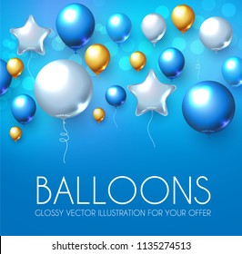 Blue, Silver And Gold Realistic Glossy Balloons Background With Bokeh Effect.Vector Illustration