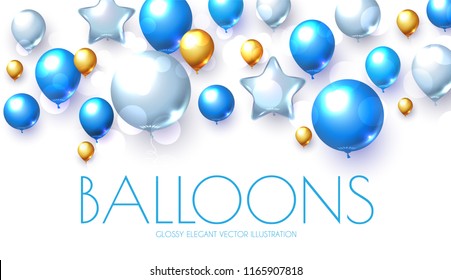 Blue, Silver and Gold Realistic Glossy Balloons Background with Bokeh Effect.