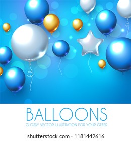Blue, Silver and Gold Realistic Glossy Balloons Background with Bokeh Effect.Vector illustration
